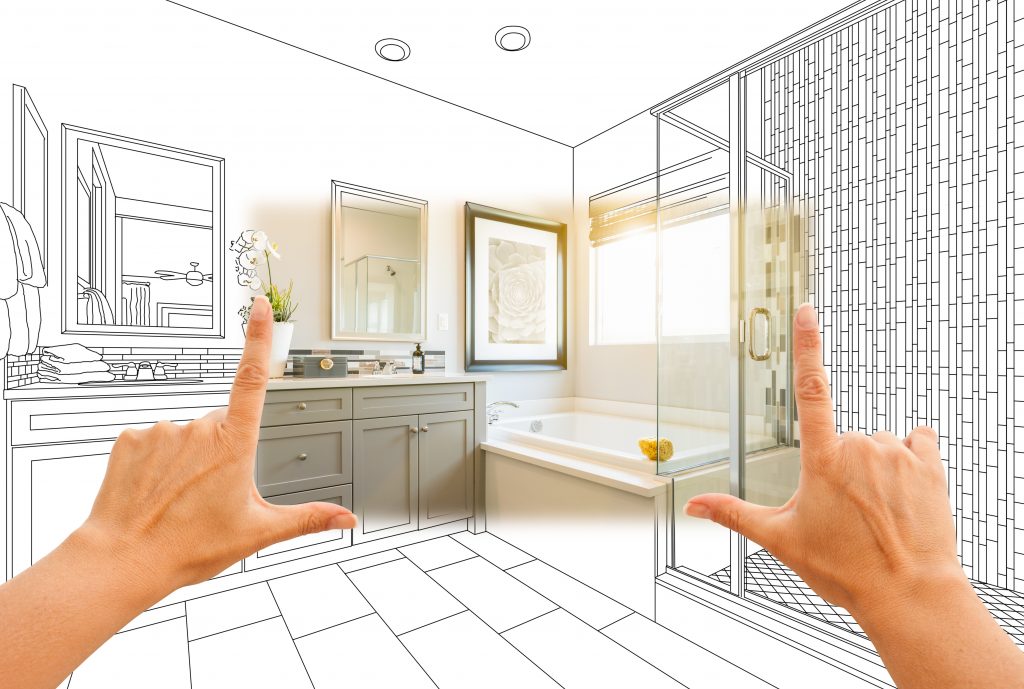 Master bathroom photo section with drawing behind | Kopp's Carpet & Decorating